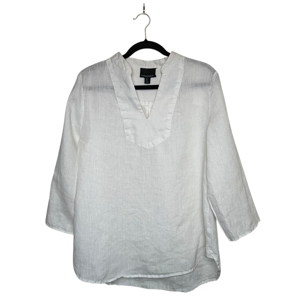 Cynthia Rowley 100% Linen V-Neck Blouse White Long Sleeve Relaxed Fit Size L